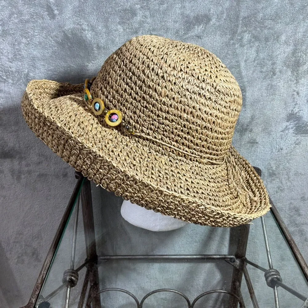 Women’s Summer Beaded Band Beach Straw Wide Brim Panama Style Sun Hat Adj. OS